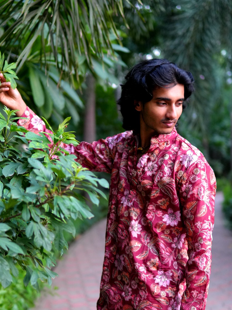 Day 3 - Crimson red floral printed silk kurta